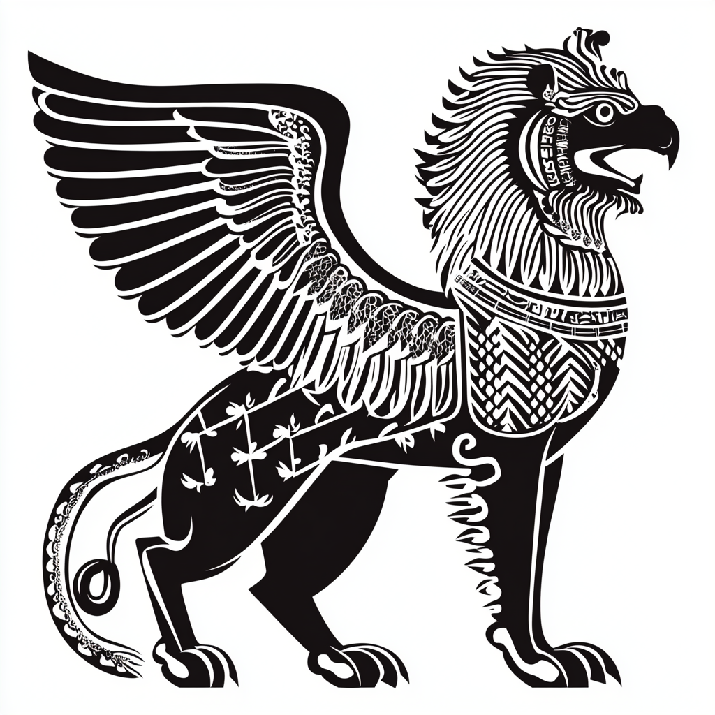 Simplified black and white vector griffin design.