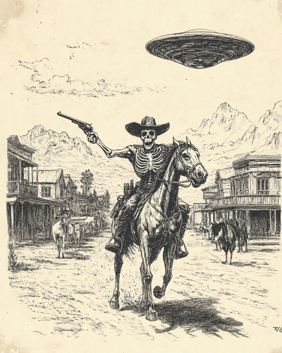 Skeleton gunslinger on horseback, chased by UFO in town.