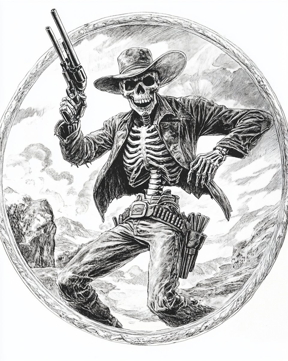 Skeleton gunslinger with gun raised in vintage trading card.