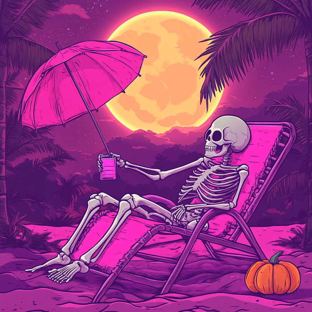 Skeleton relaxing in beach chair with drink under moon.