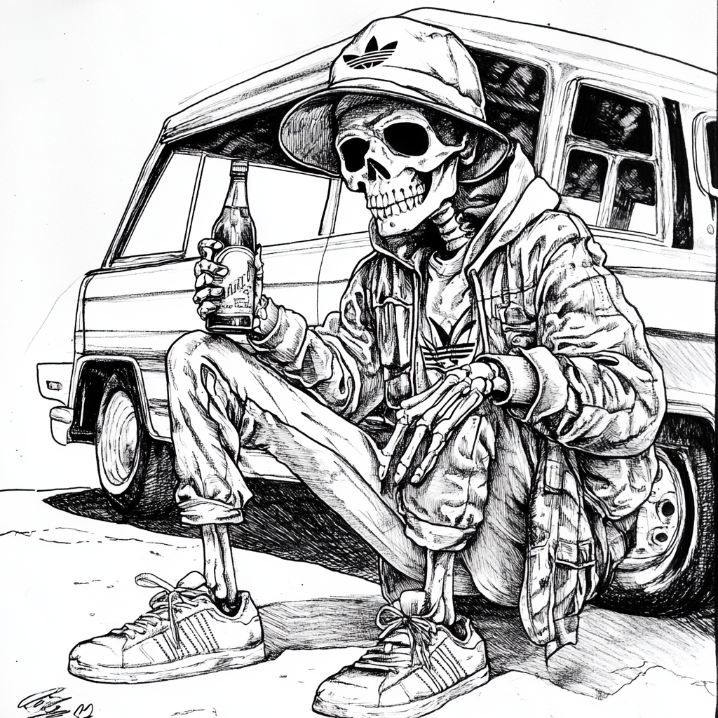 Skeleton squatting in front of old school bus with alcohol.