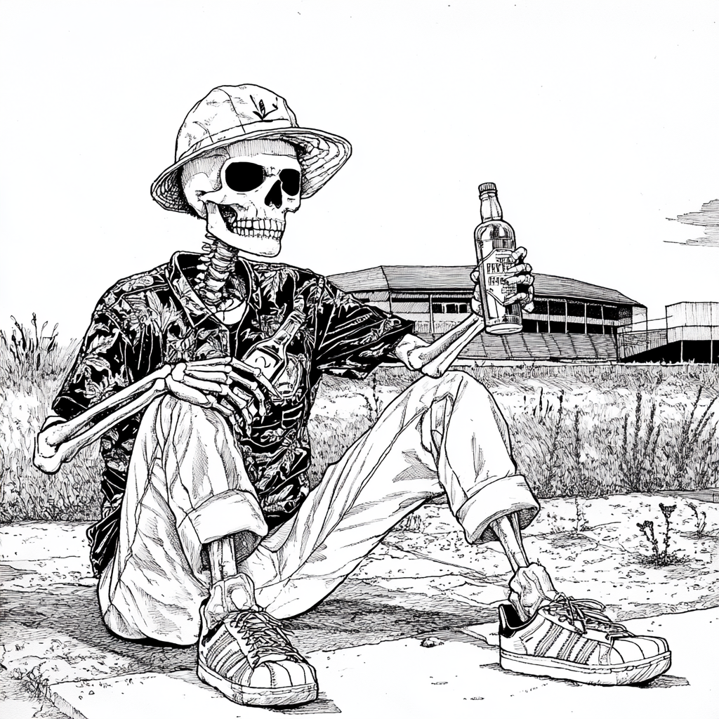 Skeleton with bucket hat and bottle, at football stadium.