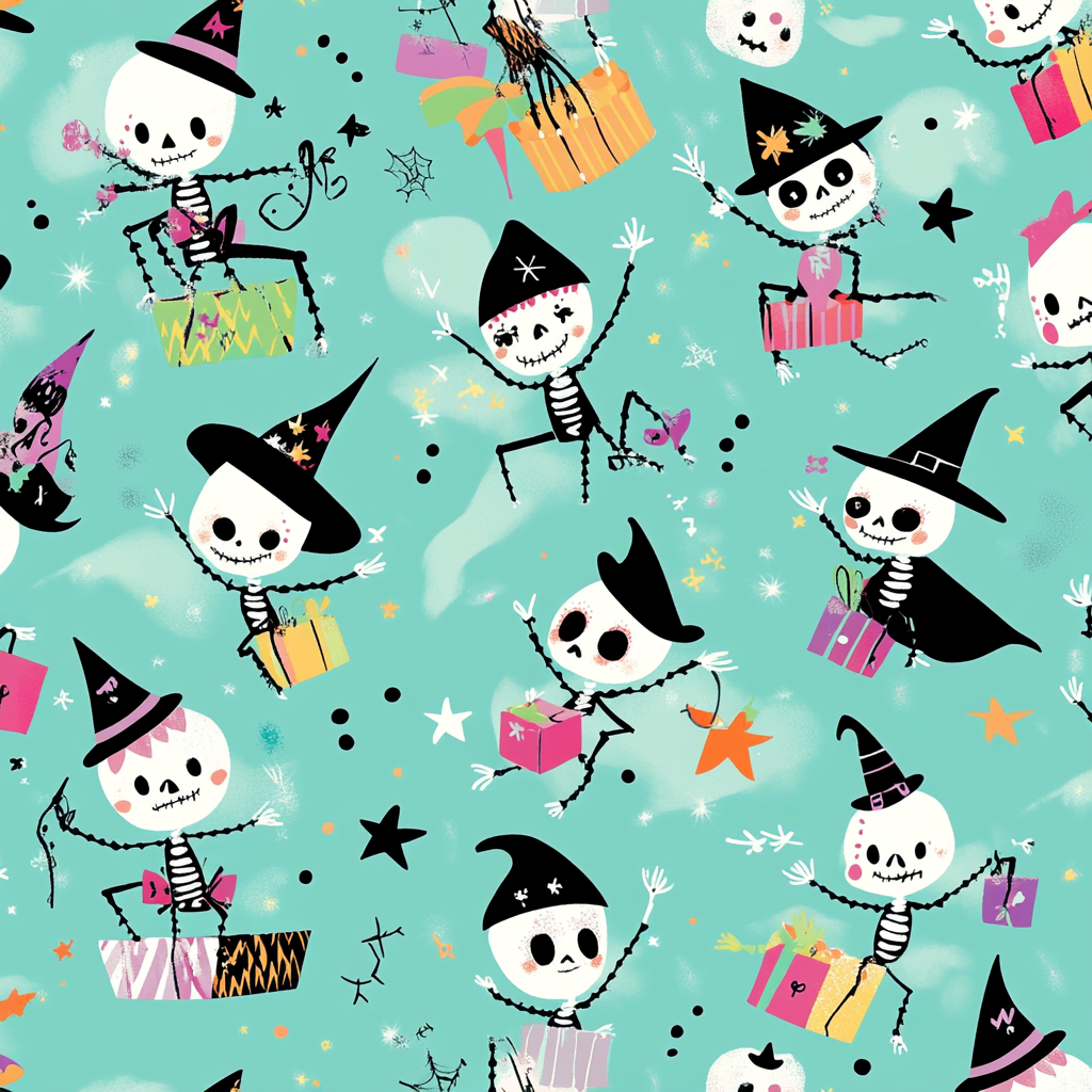 Skeletons, witches, vampires in playful Halloween diamond pattern.