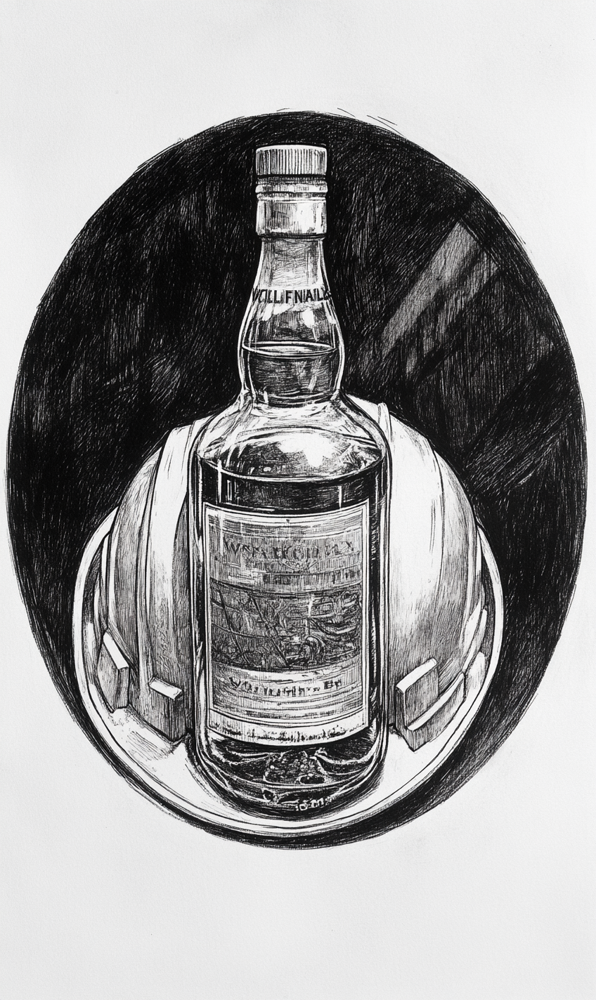 Sketch of whiskey bottle in hardhat, vintage trading card.