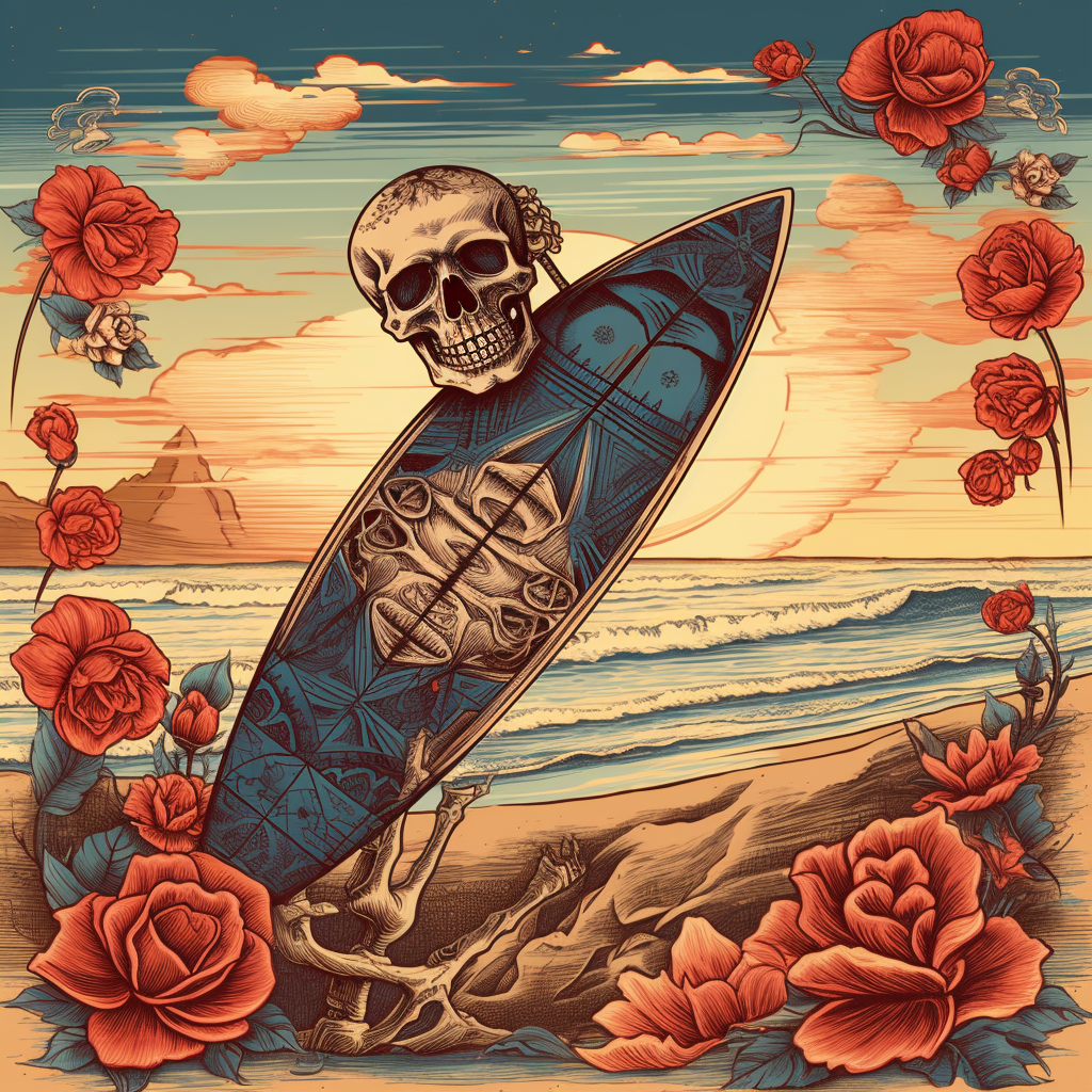 Skull, rose, surfboard, skateboard on colorful beach at sunset.