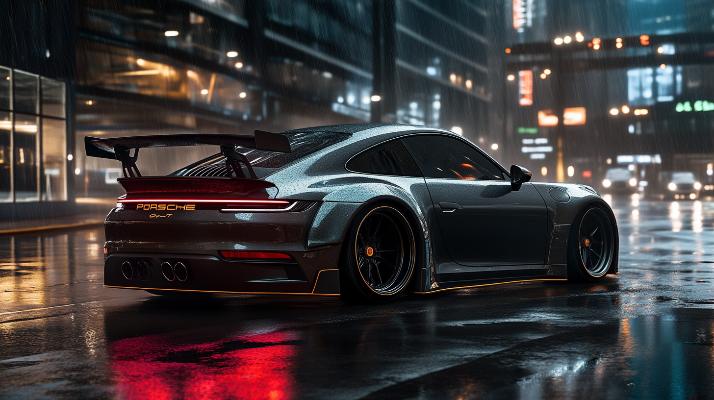 Sleek Porsche 911 on rainy night with wide body.