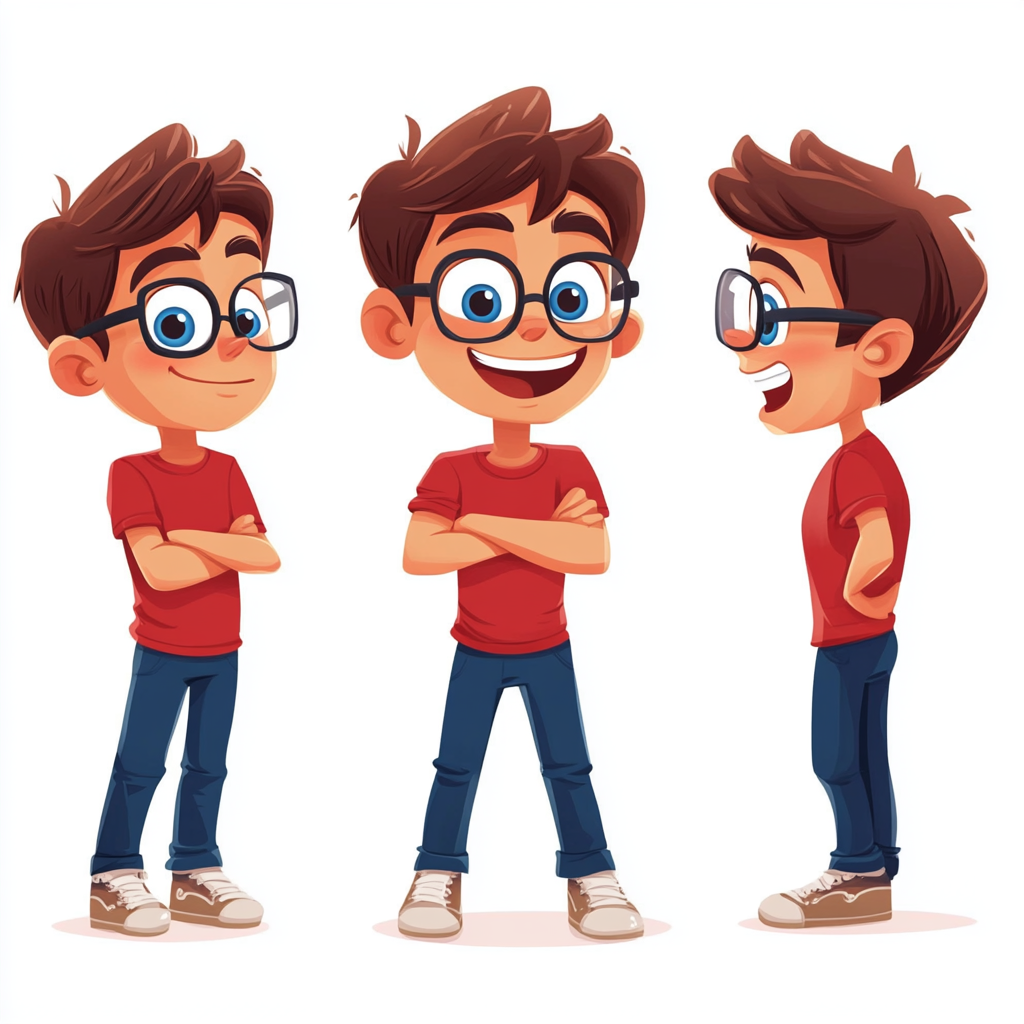 Small cartoon avatar boy in 3 poses: happy, thinking, worried.