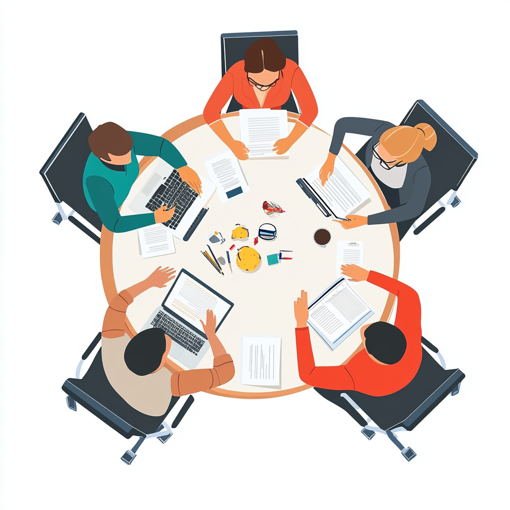 Small team working together around table in cartoon style.