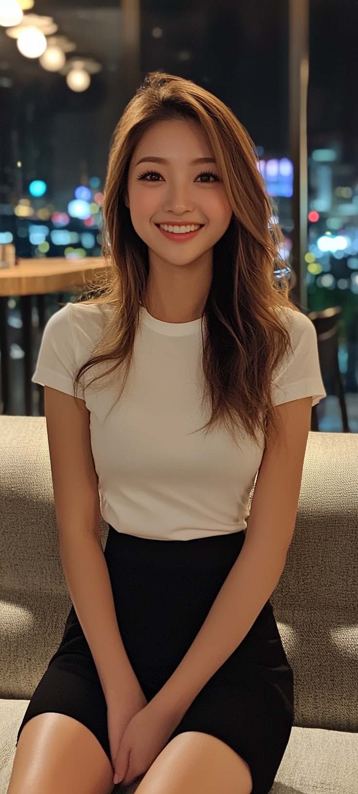 Smiling Japanese TV personality, 26, in stylish outfit.