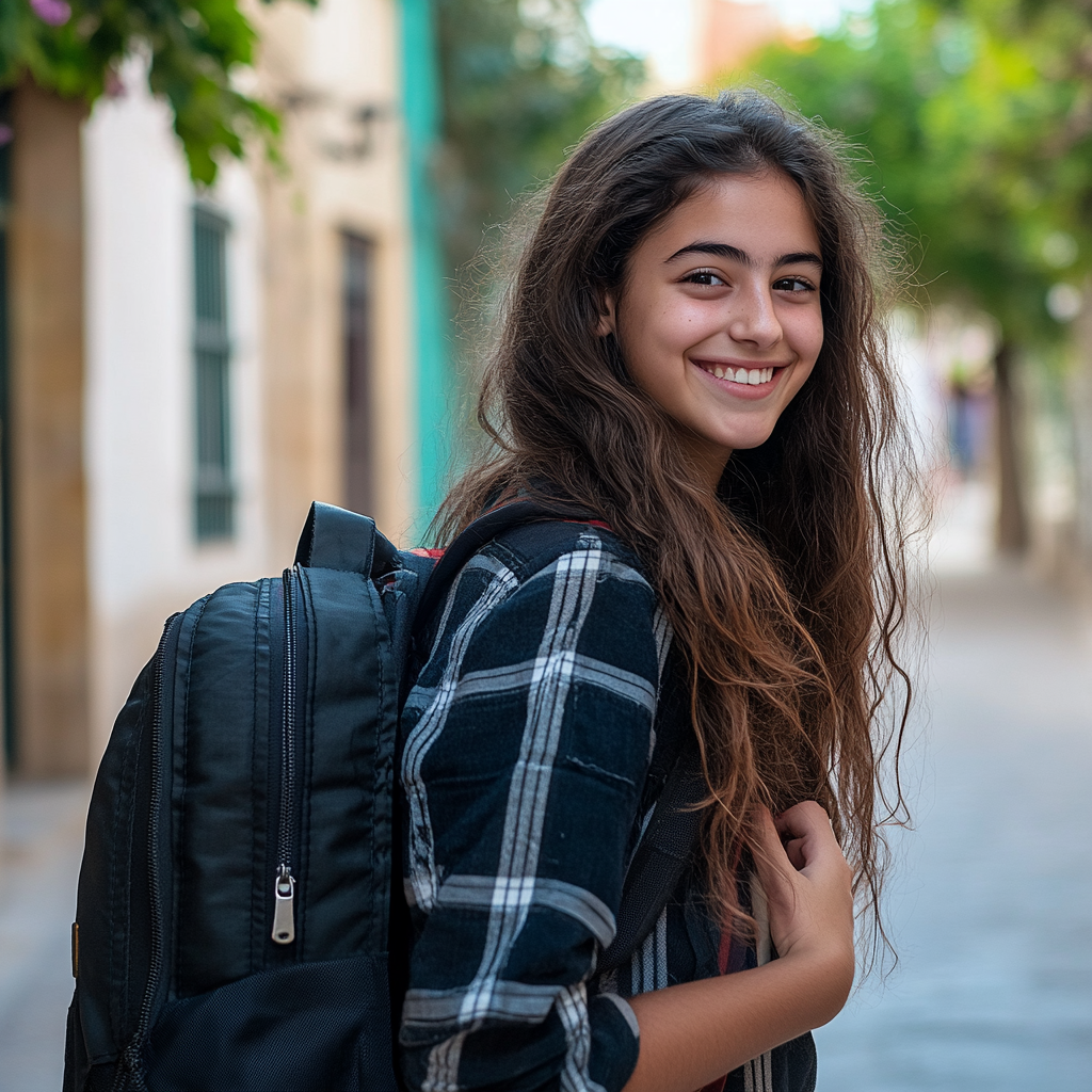 Smiling Spanish student with school backpack and Sony A7III.