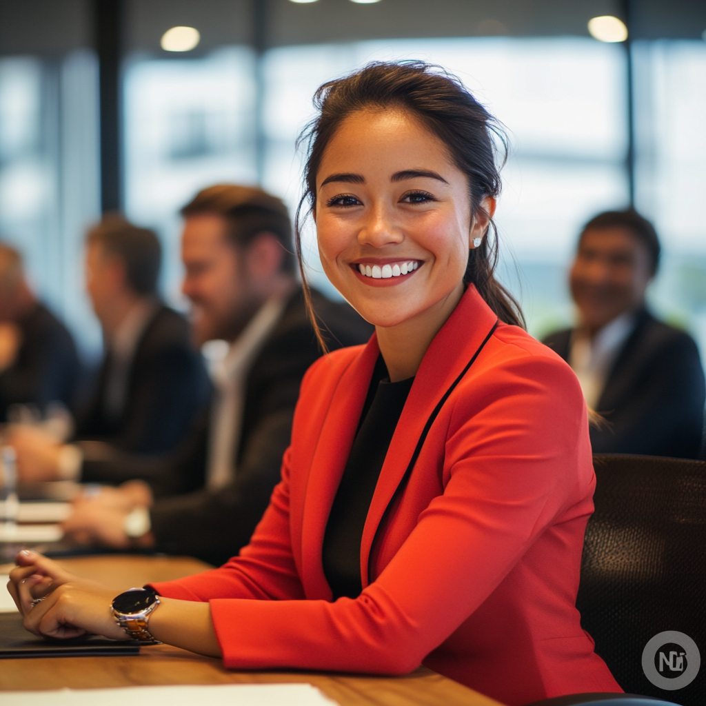 Smiling businesswoman leading office meeting