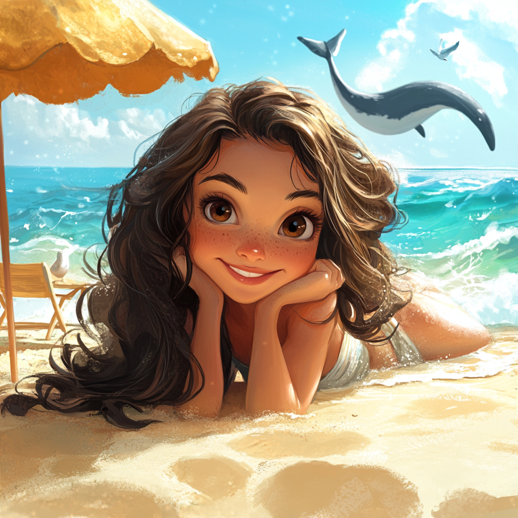 Smiling girl with brown hair and dark eyes on beach.