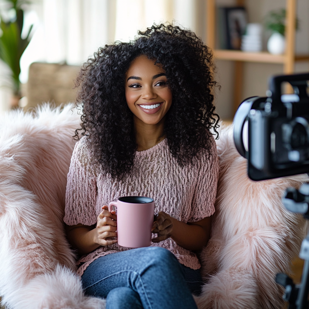 Smiling girl with curly hair holding pink coffee mug.