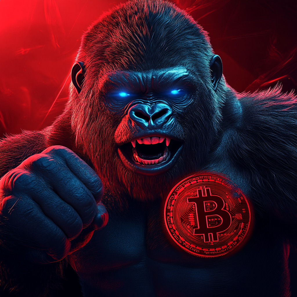 Smiling gorilla with red light, holding 3D bitcoin.