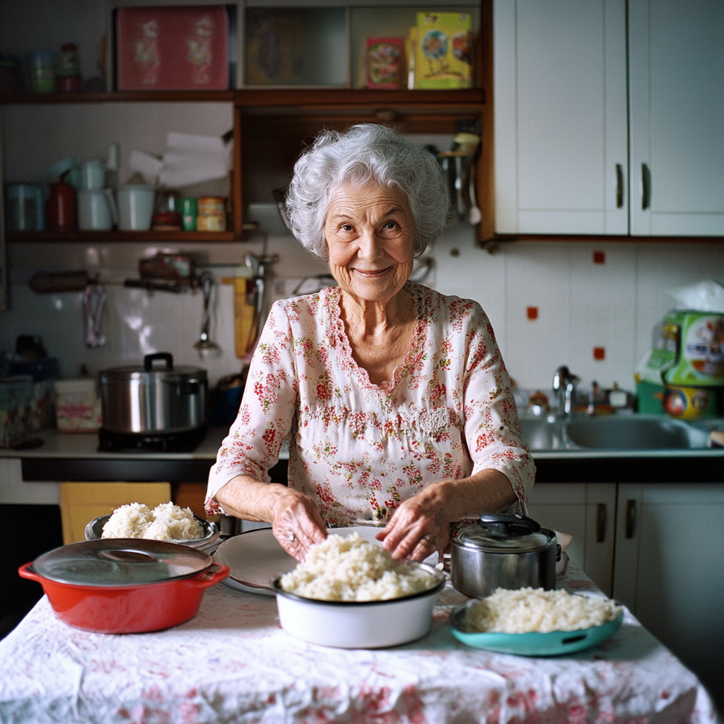 Smiling grandmother in 90s kitchen with food.