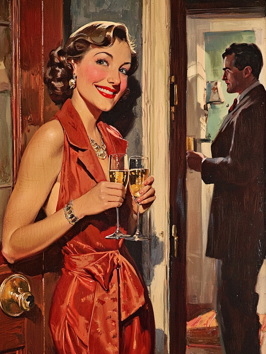 Smiling woman with champagne as man walks out door.