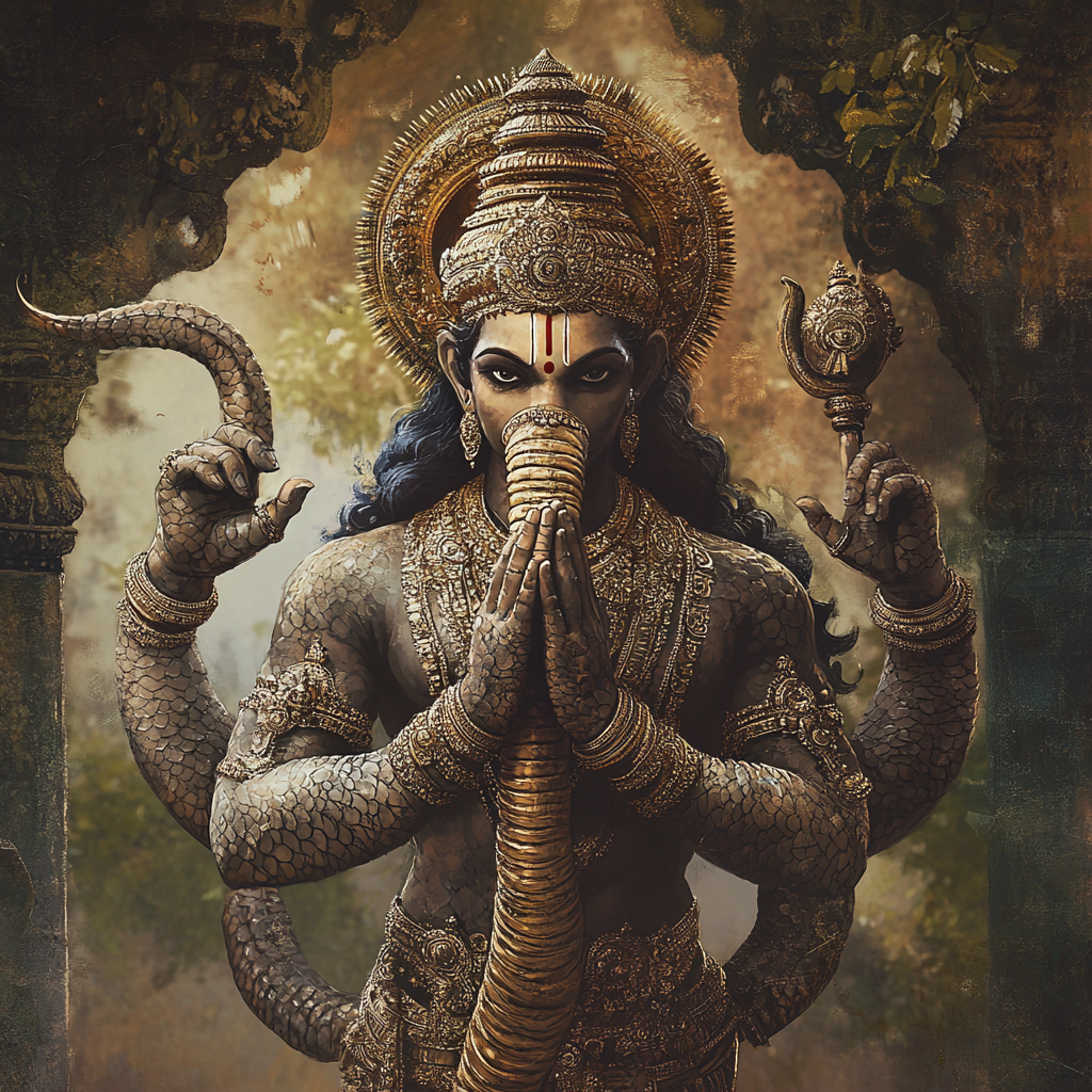 Snake body Hindu god with 2 hands standing.