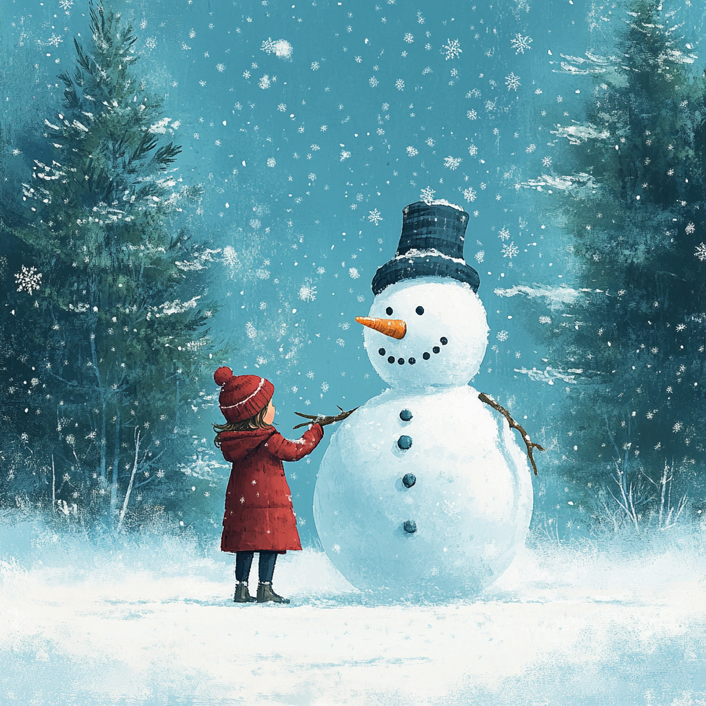 Snowman holding hand of girl in red coat.