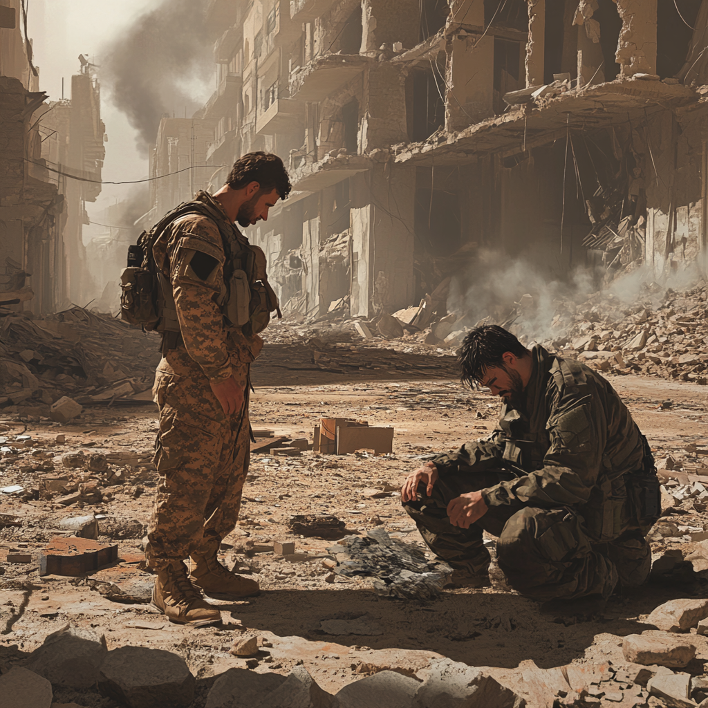 Soldier comfort martial artist in urban warzone devastation.