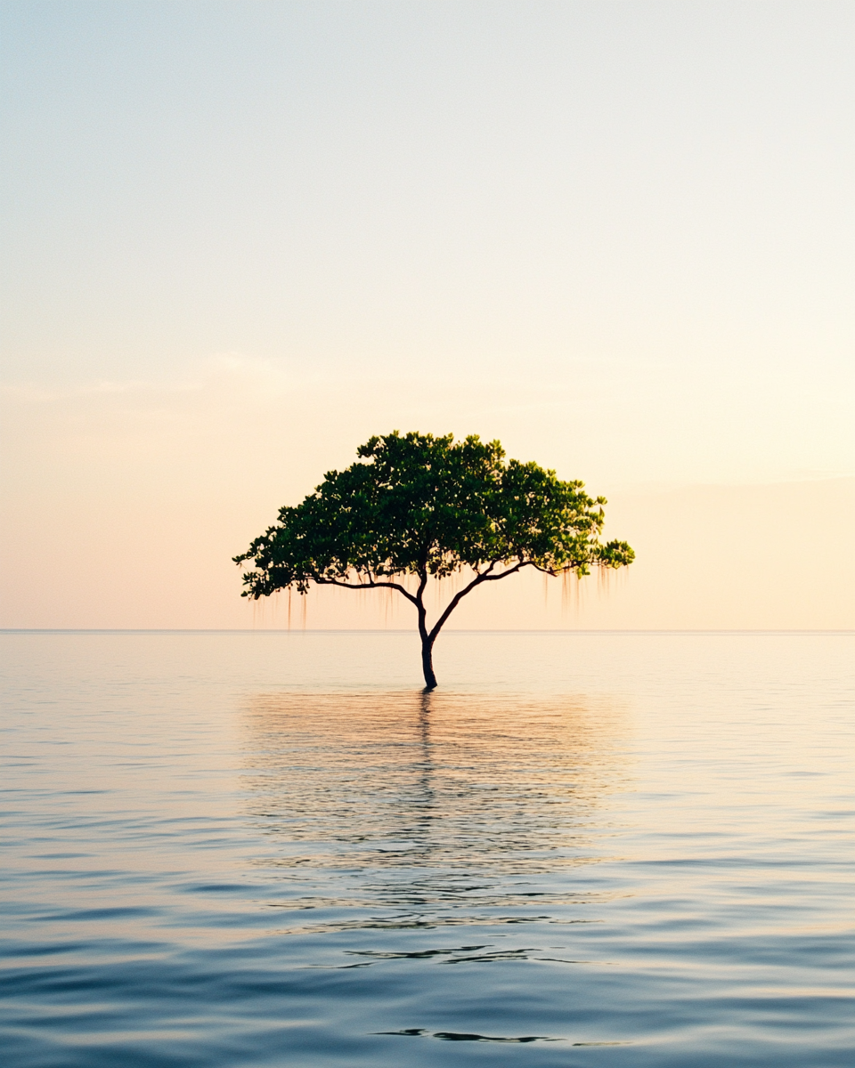 Solitary tree in vast lake, gentle sun backlighting.