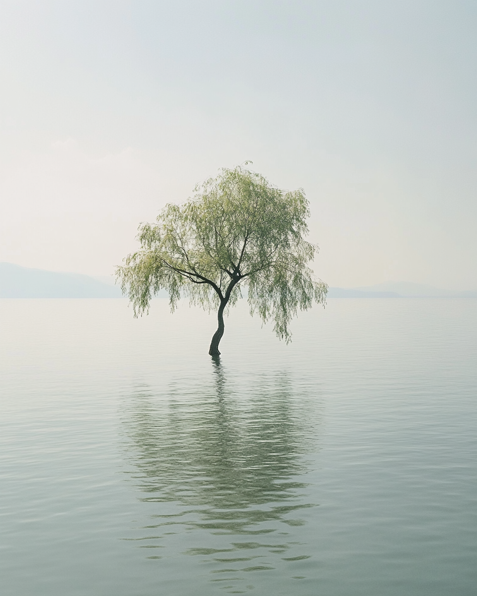 Solitary tree on vast lake, film photography effect, high-resolution.