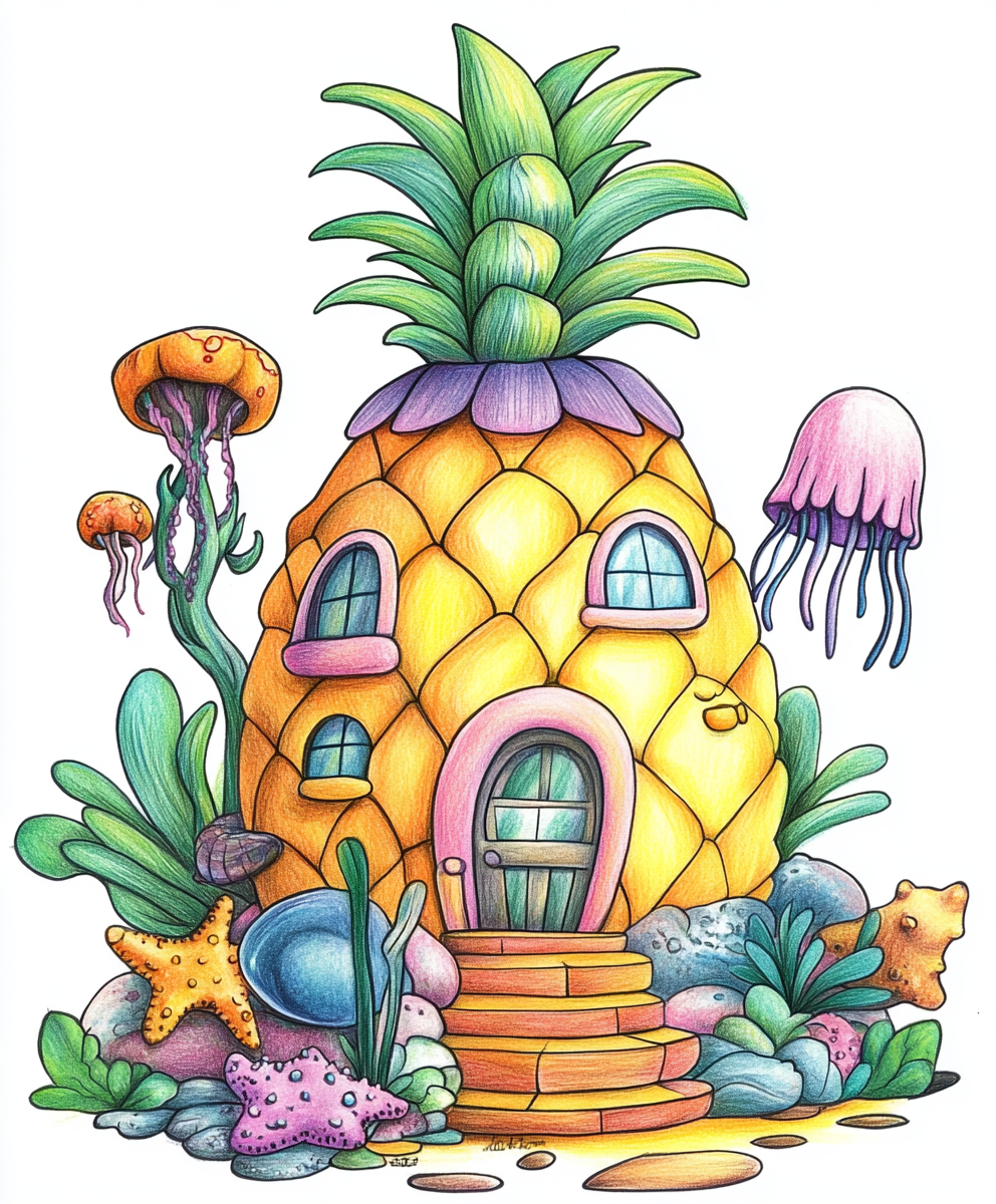 Spongebob house sketch in Nickelodeon style, colorful t-shirt design.