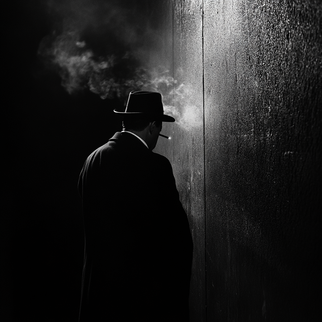 Spy in hat watches street, smoking cigarette.