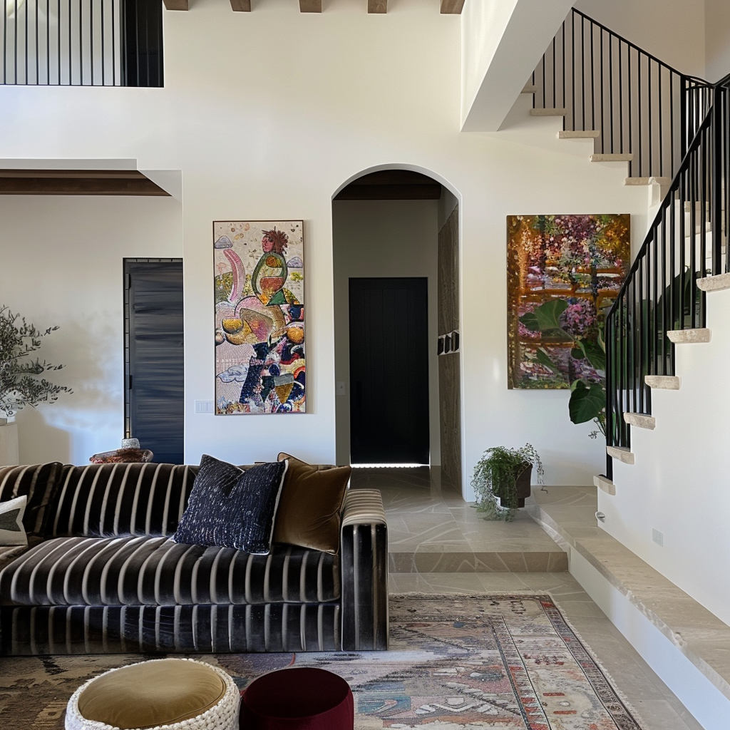 Staircase, striped couch, velvet cushions, modern vertical painting.