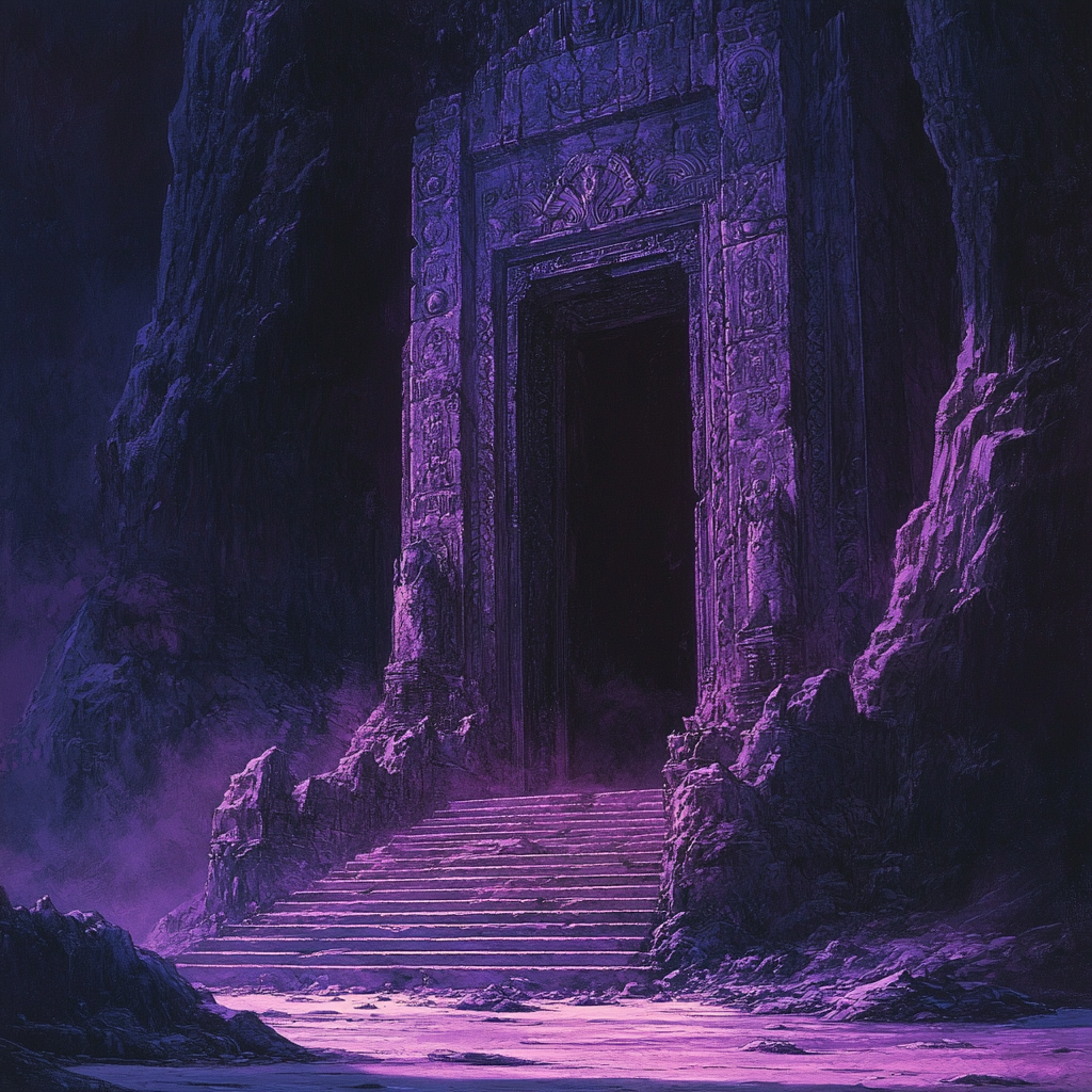 Stone temple door with purplish glow in dark cave.