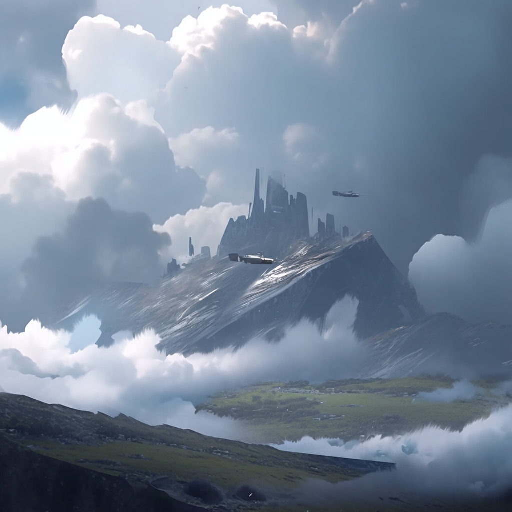 Stormy mountain range with realistic spaceship in distance.