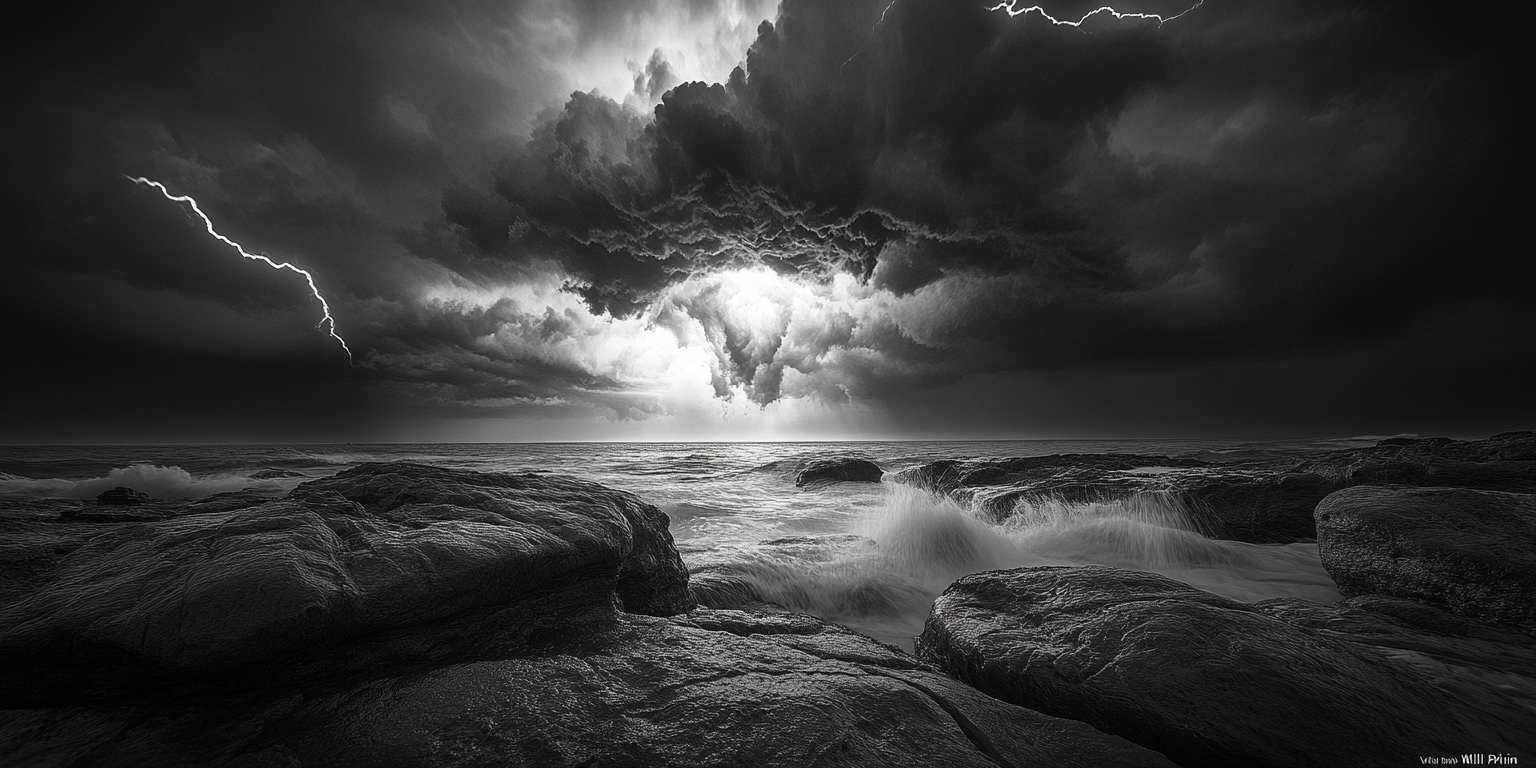 Stormy shoreline with rocks, waves, lightning and reflective pools.