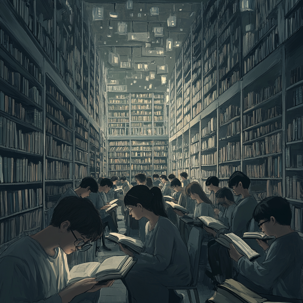 Students surrounded by towering bookshelves, holding grey books.