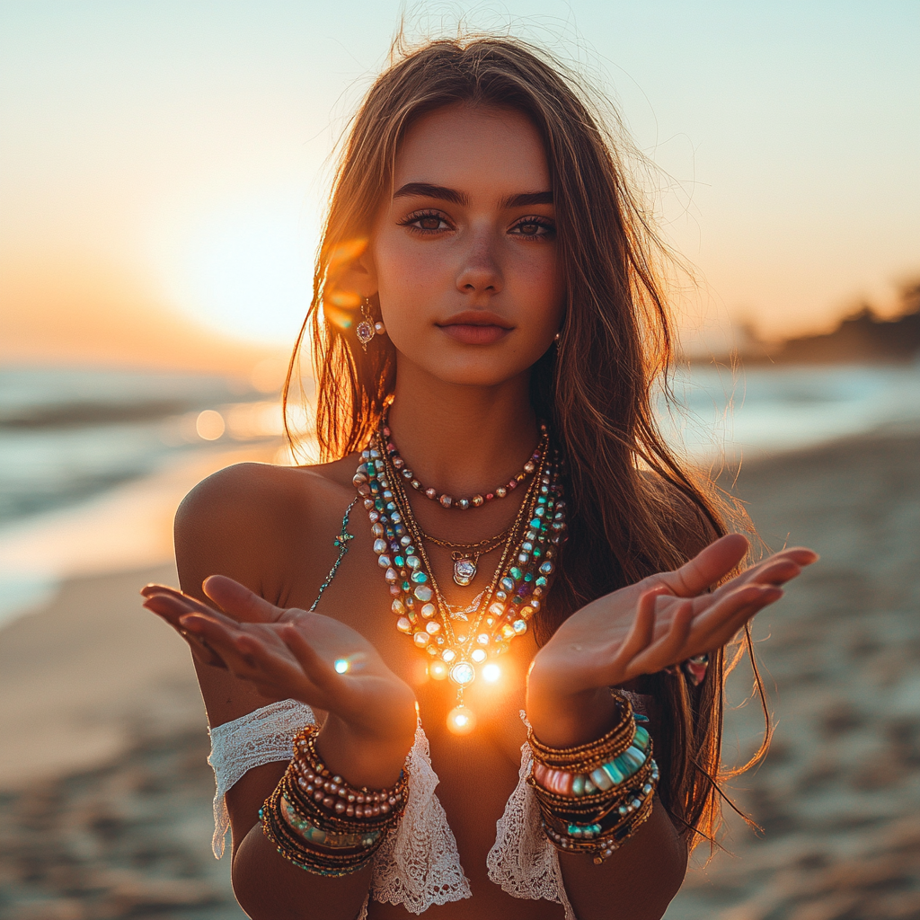 Stylish brunette girl holding golden necklace at sunset beach.