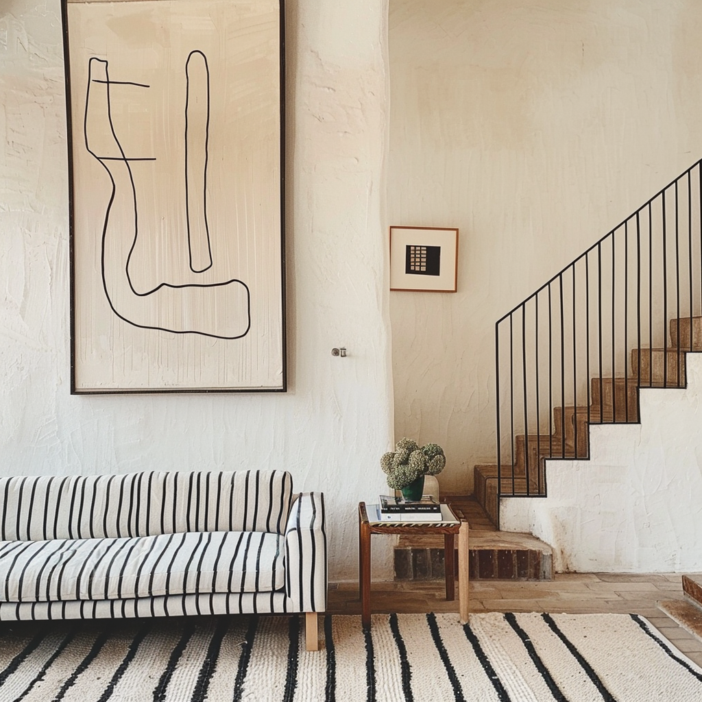 Stylish interior, vintage house, striped couch, modern art.