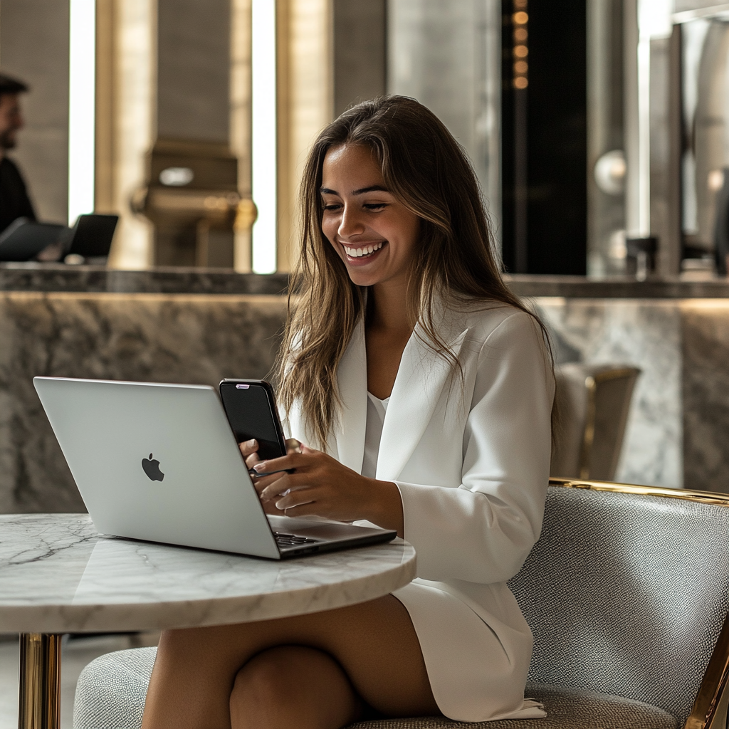 Stylish young people in modern environment using tech devices.