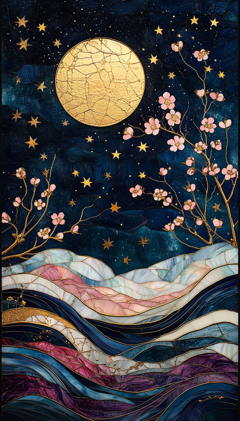 Sun, moon, stars, opal stained glass, cherry blossoms.