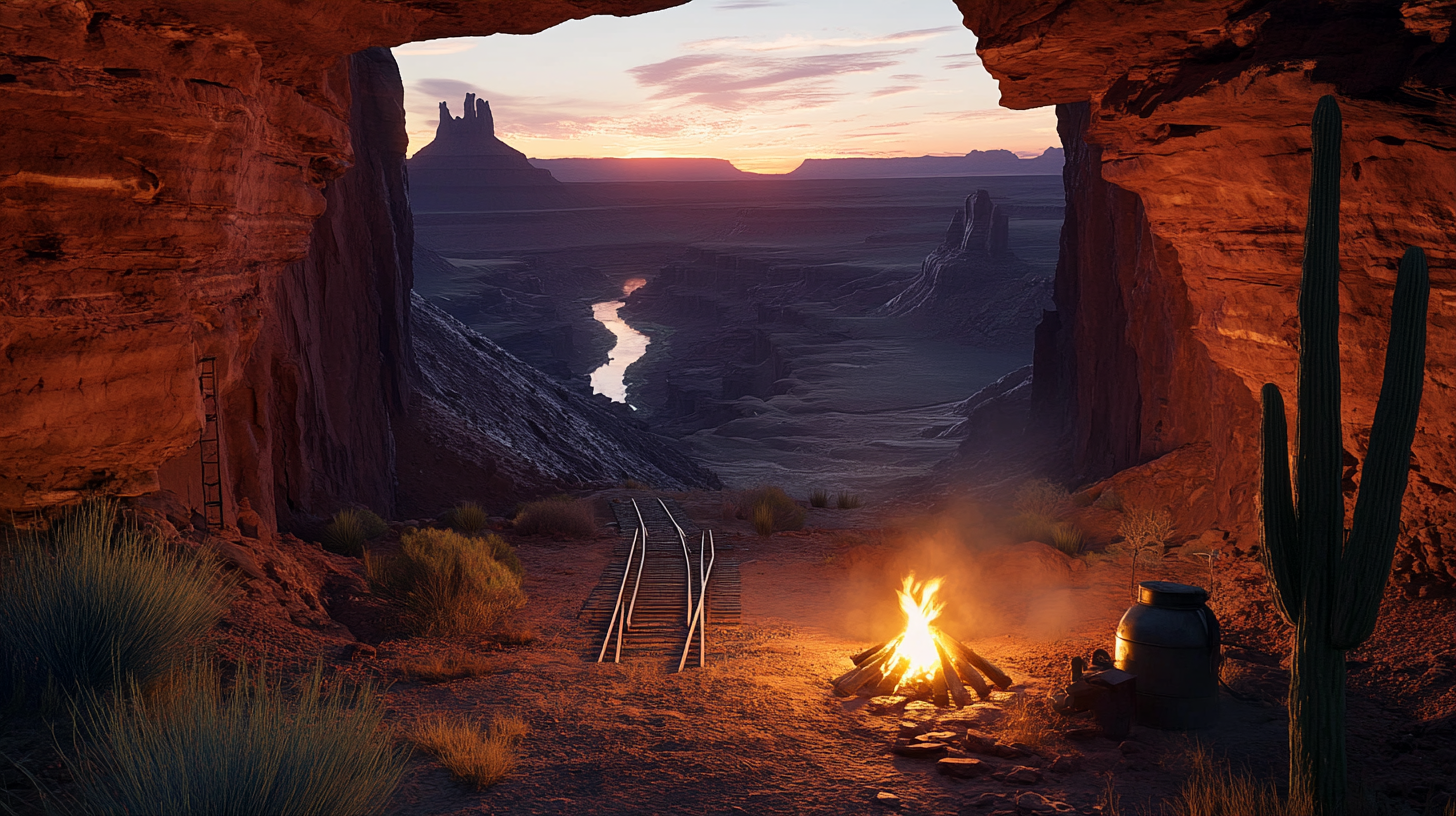 Sunrise over desert canyon with campfire and mining cavern.