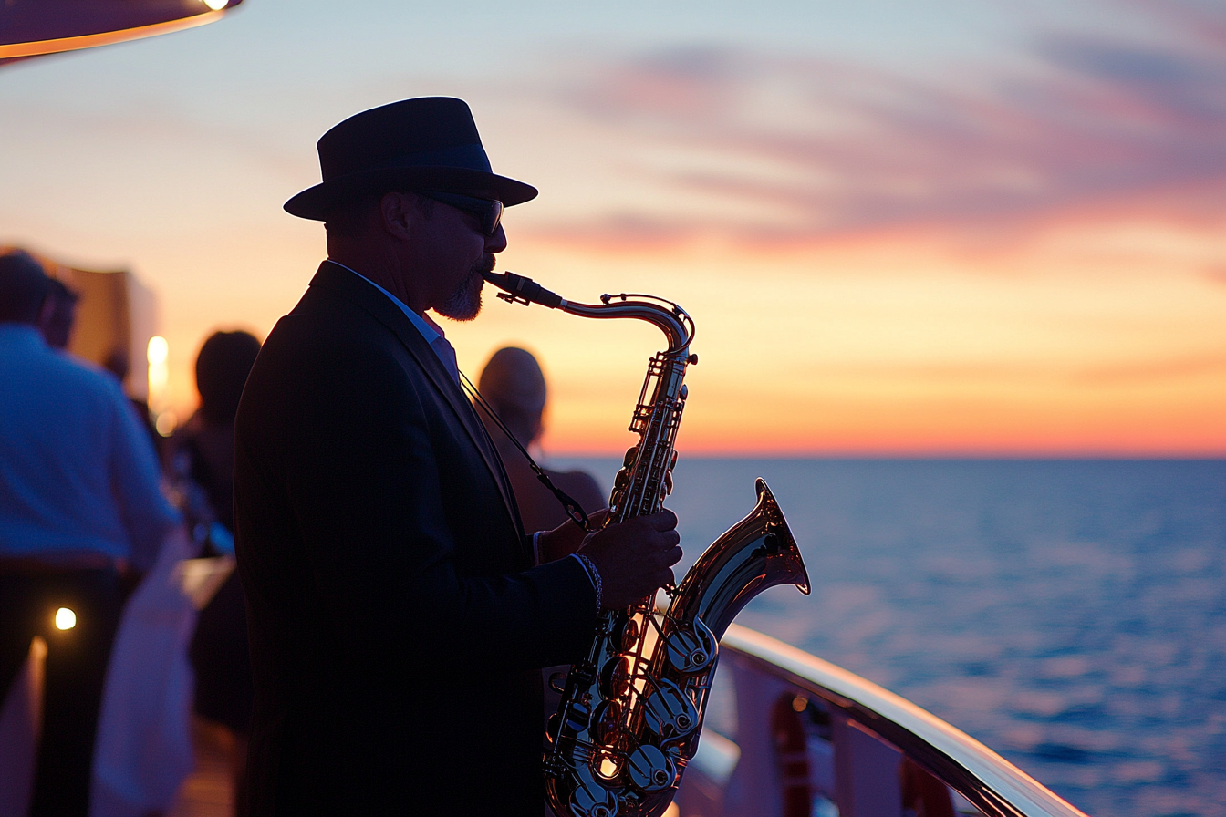 Sunset glowing on horizon at live jazz performance.