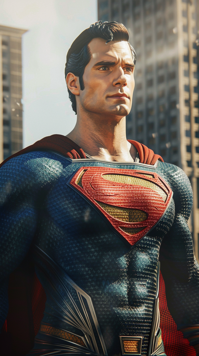 Superman standing in Metropolis, wind blowing cape and hair.