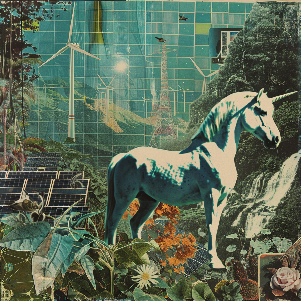 Surreal collage with magical unicorn, solar panels, wind turbines.