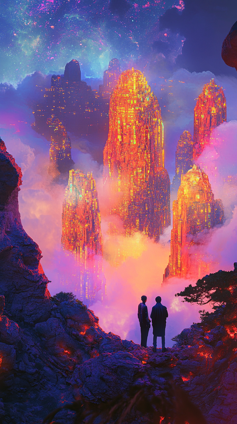 Surreal cyberpunk landscape with phoenix, ethereal details, illustrated.