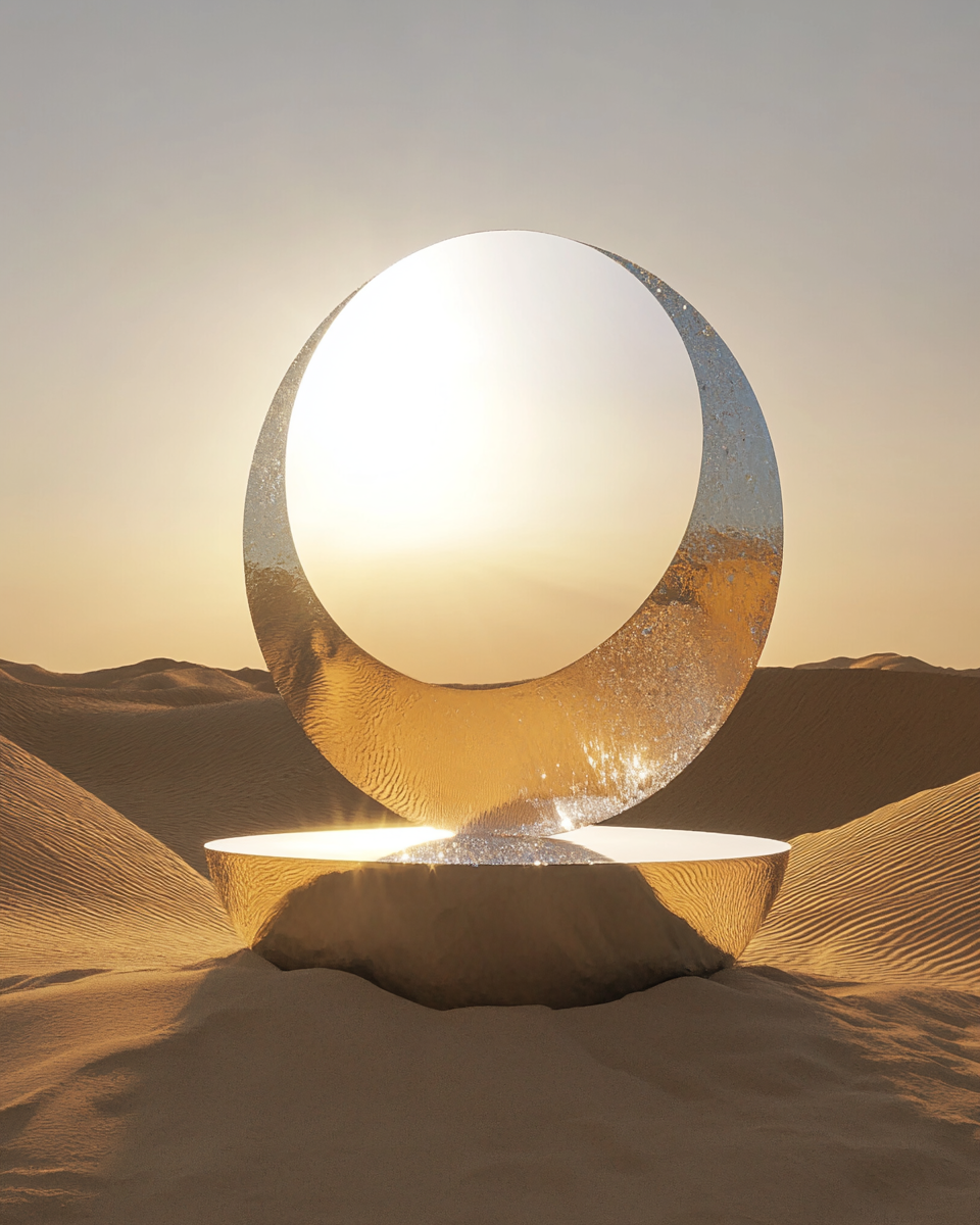 Surreal desert photo with crystal platform, sculpted sun, sunset.