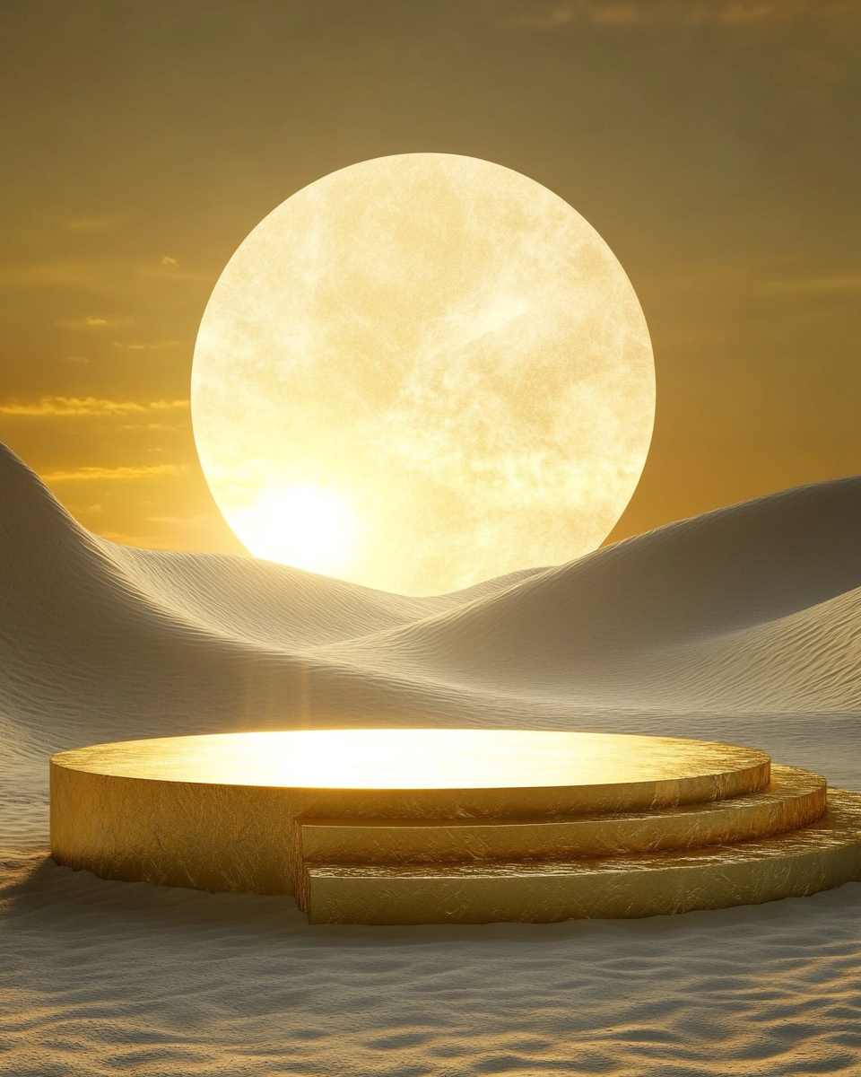 Surreal desert stage with cosmic background, golden platform.