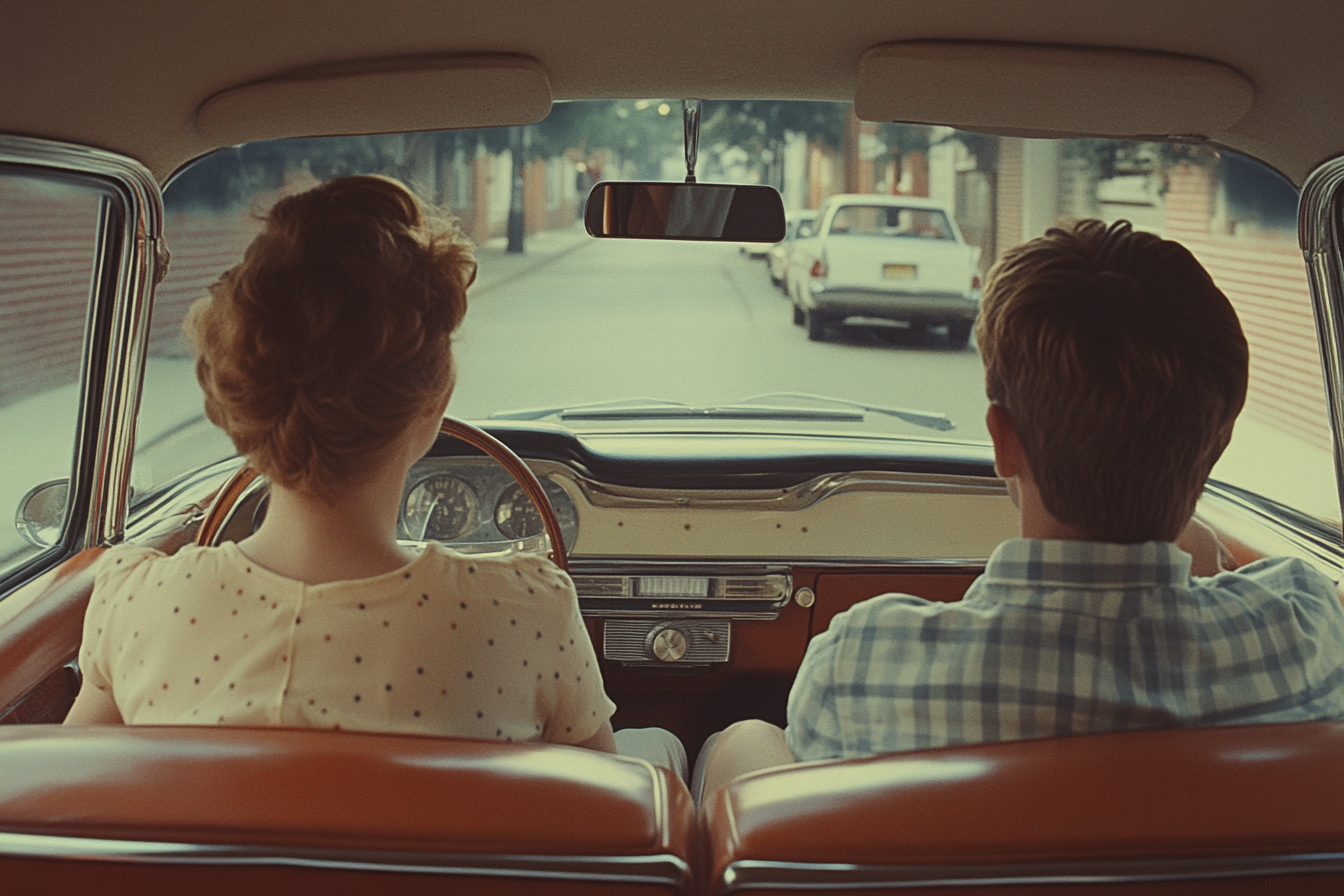 Symmetry shot of Mom and Dad driving car.