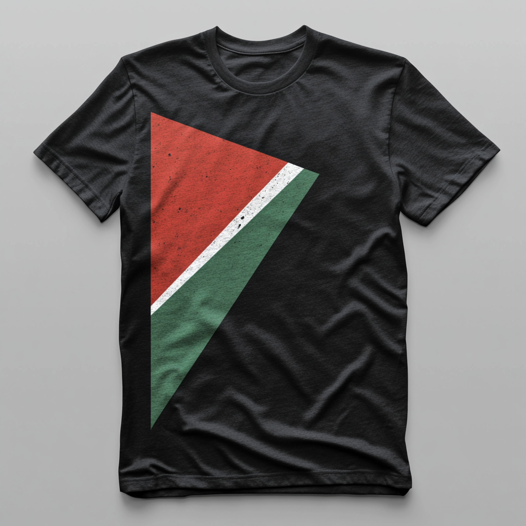 T-shirt with red triangle, green top, black bottom flag.