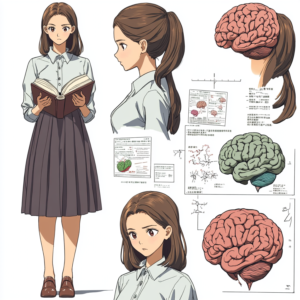 Tappuru Sensei, 25, with brown hair, psychology book. Brains, hearts, color palette, labels, clean background.