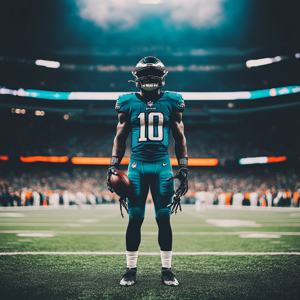 Teal jersey number 10 holding football in end zone.