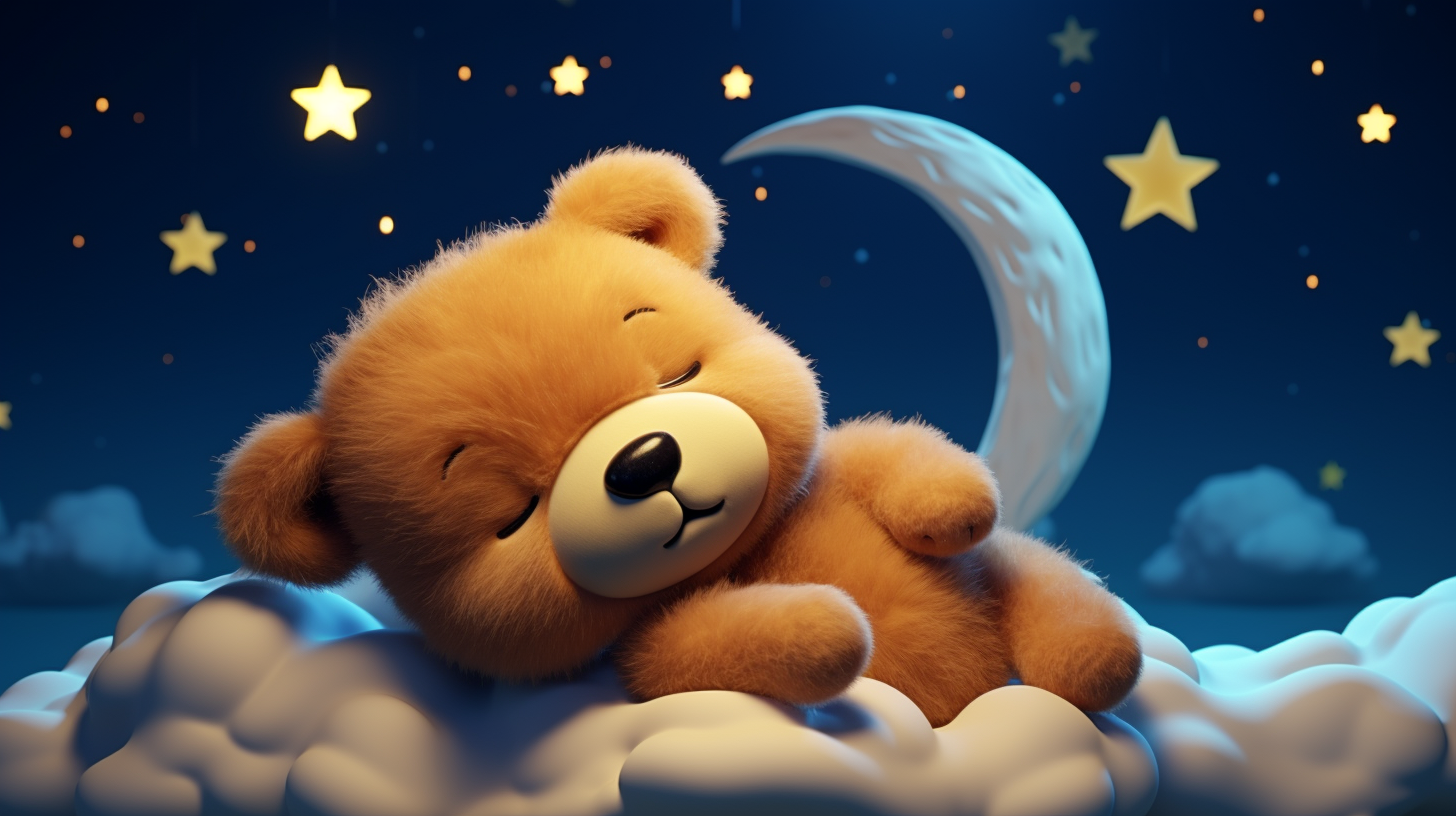 Teddy bear cartoon sleeping on clouds under moon and stars.