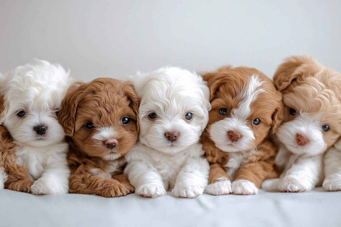 Ten adorable Bichon Frisé puppies cuddled together, cute background