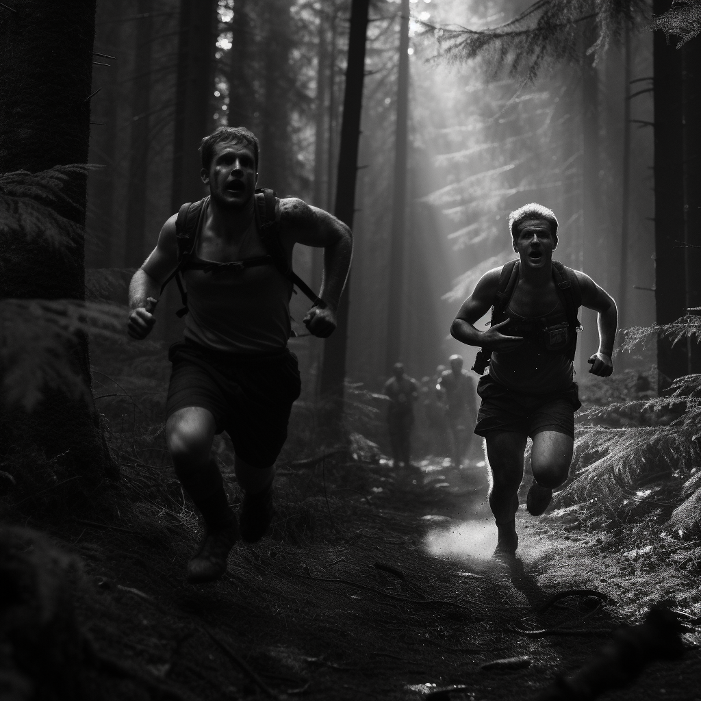 Thick and thin men run in dark forest scene.